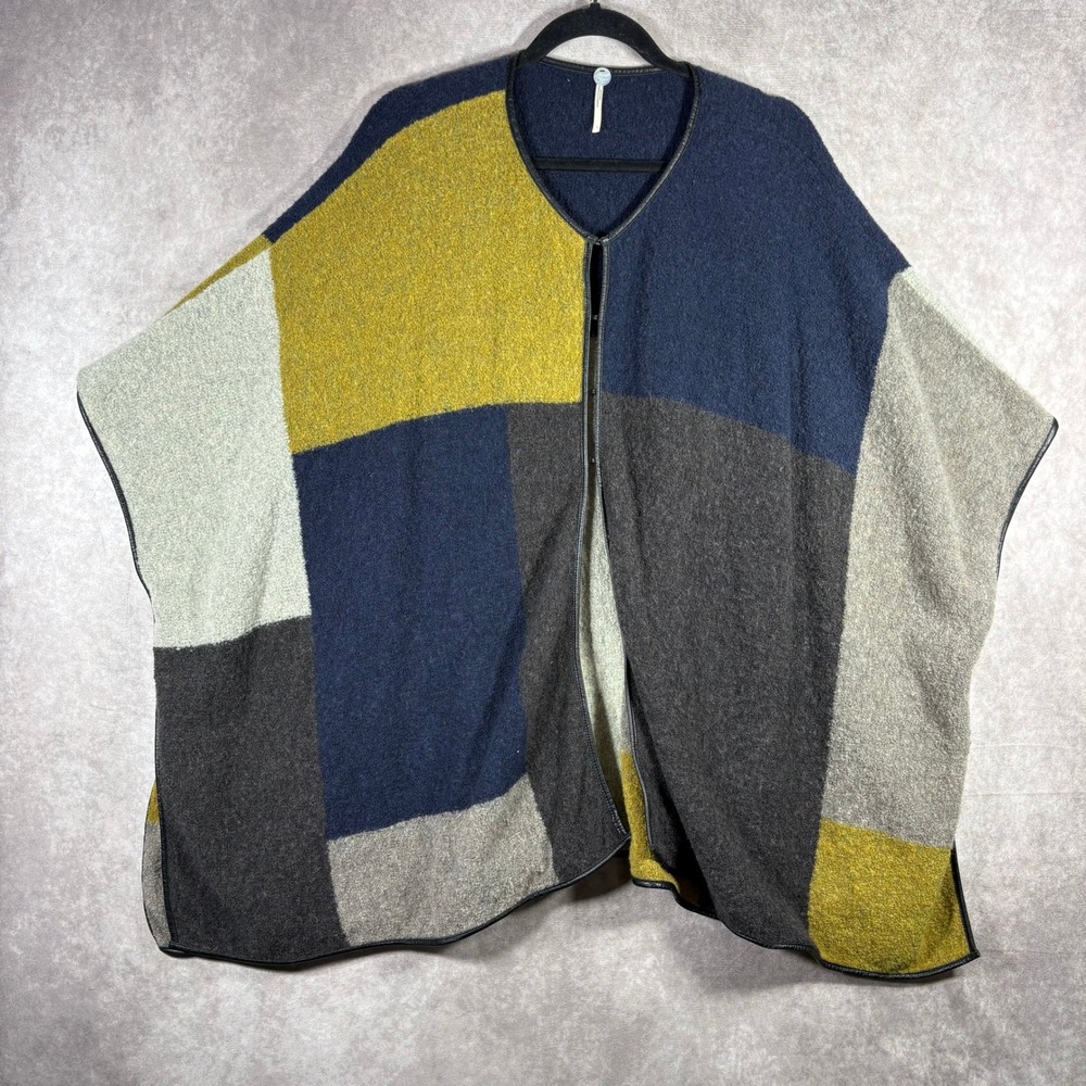 Margaret O'Leary Poncho Womens 1 XS/S Colorblock Wool Blend Leather Trim‎